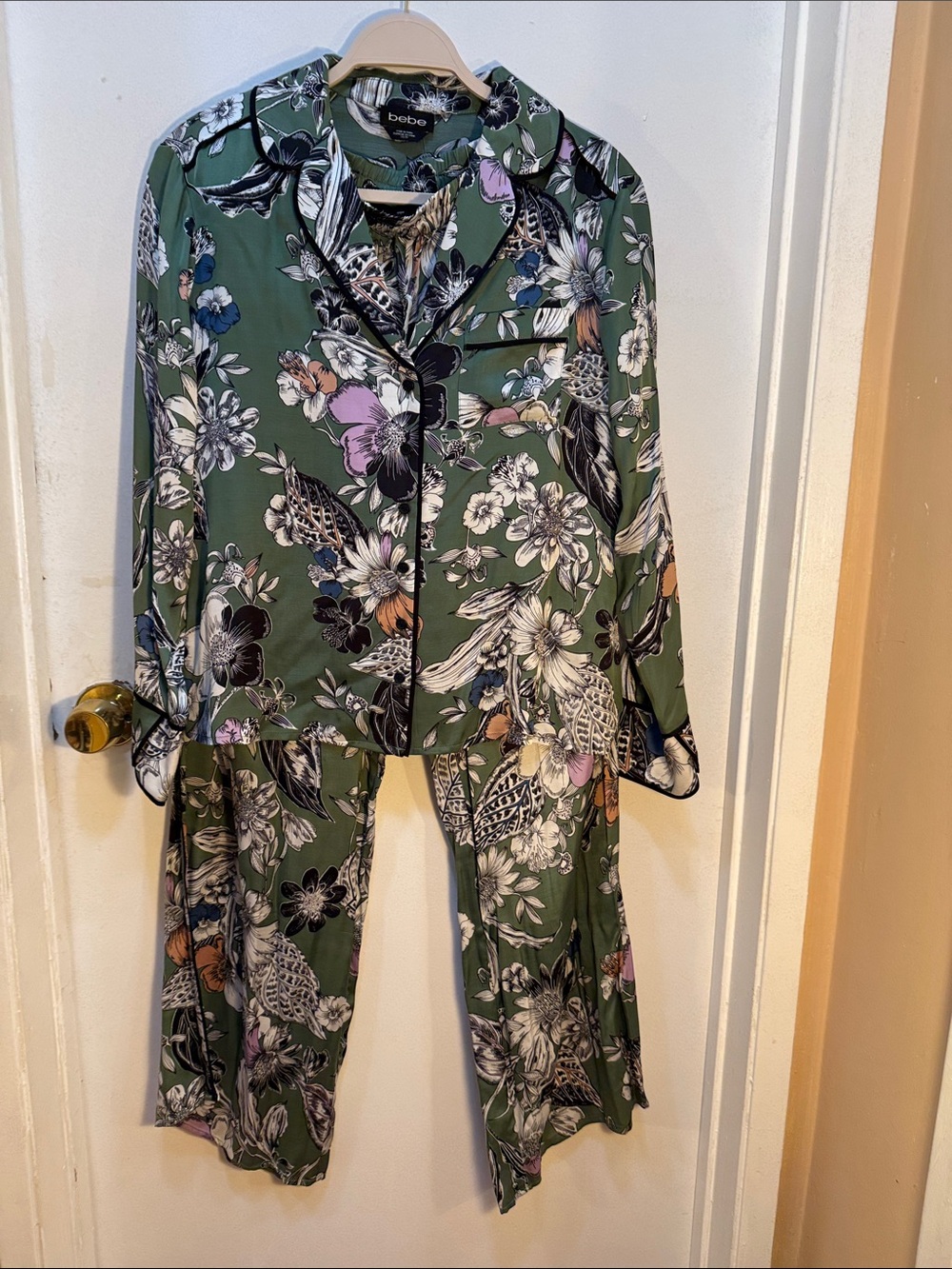bebe Olive Floral Wide-Leg Jumpsuit with Notched Collar